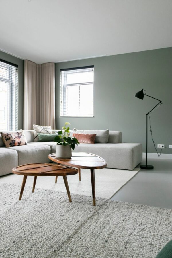 grijze vloer met groene muren in een woonkamer