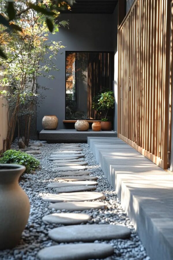 Japandi voortuin ideeën kiezelstenen